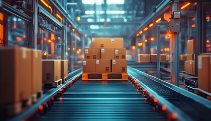 Poster - A conveyor belt in a warehouse with stacked boxes ready for distribution.