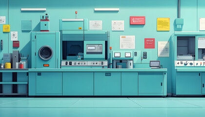 Poster - A modern laboratory workspace featuring various equipment and informative posters.