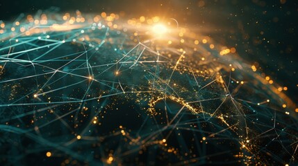 Poster - Complex network of interconnected nodes spanning across globe, symbolizing global communication and data exchange with light beams and bokeh effect