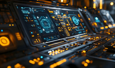 Poster - A futuristic control panel with glowing screens and buttons, designed for advanced technology.