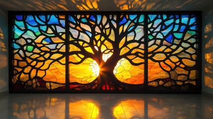 Wall Mural - Stained glass window depicting a tree of life at sunset.