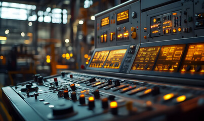 Poster - Industrial control panel with illuminated buttons and displays in a factory setting.