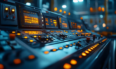 Poster - Control panel with illuminated buttons and screens, used for industrial monitoring.