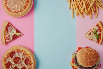 Poster - Silhouettes of burgers, pizza slices, and fries are creatively arranged on a vibrant pastel background, showcasing delicious fast food. Generative AI