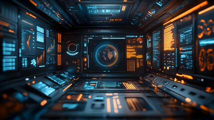 Poster - Futuristic control room with digital interfaces and data displays.