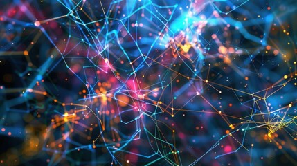 Poster - Colorful lines and vibrant dots intertwining to create a complex network, illustrating big data connections and information flow within a dynamic digital landscape