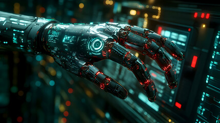 Poster - A futuristic robotic hand interacting with a digital interface.