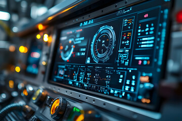 Poster - Close-up of a futuristic control panel displaying various gauges and indicators.