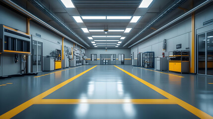 Poster - A spacious industrial facility with equipment and a polished floor, designed for manufacturing.