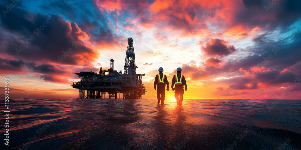 Offshore Workers Walking Towards Sunset at Oil Rig, Industry ...