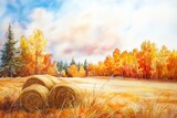 Breathtaking watercolor scenery captures an open field adorned with haystacks.