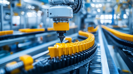 Poster - A robotic arm operates in a modern manufacturing facility, assembling components on a conveyor.