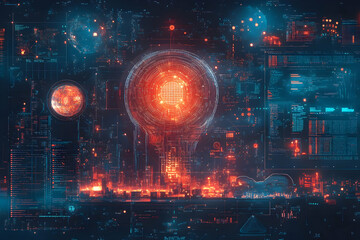 Poster - Futuristic digital interface with glowing elements and data visualization.