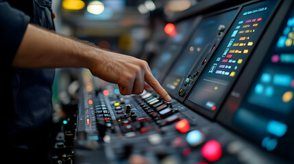 Poster - A hand interacting with a complex control panel filled with buttons and screens.