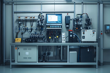 Poster - A control panel setup for industrial machinery with various components and displays.