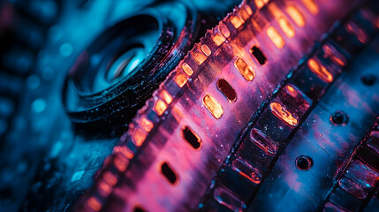 Wall Mural - Vintage Film Reel and Lens, A Colorful Abstract Closeup, Illuminated with Neon Hues, Showcasing the Intricate Details and Textures of Analog Photography Equipment.