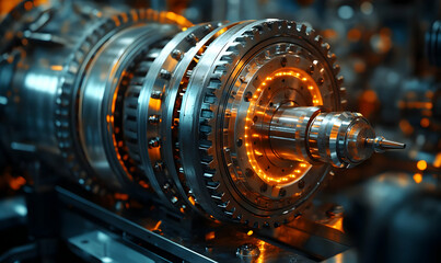 Poster - A close-up of a complex mechanical turbine showcasing intricate designs and glowing elements.