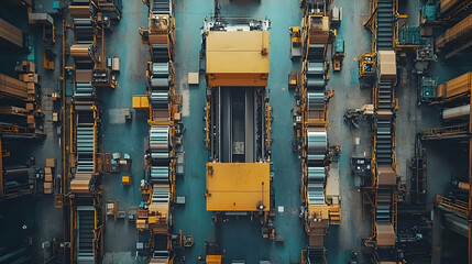 Poster - Aerial view of an industrial warehouse filled with organized storage and equipment.