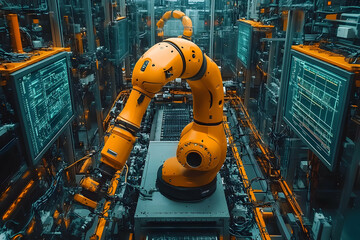 Poster - A robotic arm operates within a high-tech industrial environment filled with screens.