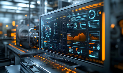 Poster - A futuristic computer interface displaying data analytics and industrial metrics.