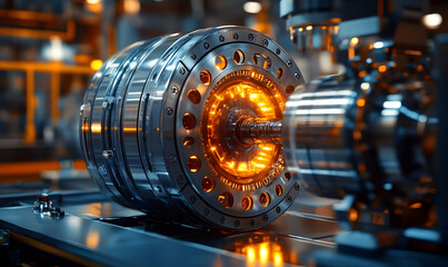 Poster - A close-up of a futuristic metallic engine component with glowing elements.