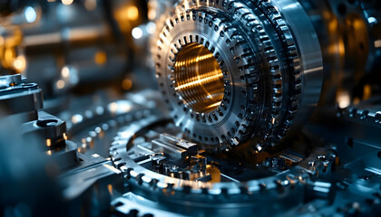 Poster - Close-up of intricate metallic gears showcasing precision engineering in machinery.