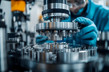 Poster - A close-up of a technician assembling precision machinery in a modern industrial setting.
