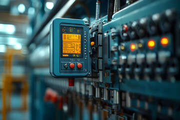 Poster - A control panel with digital display and buttons in an industrial setting.