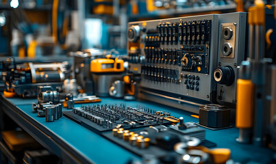 Poster - A detailed workspace filled with tools and equipment for mechanical or industrial tasks.