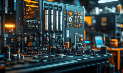 Poster - A detailed view of industrial machinery and components in a workshop setting.