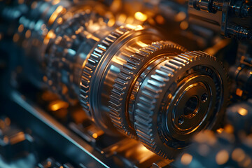 Poster - Close-up of interlocking metallic gears showcasing industrial machinery design.