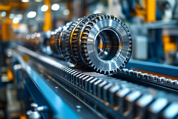 Poster - Close-up of precision-engineered gears on a conveyor in a manufacturing facility.