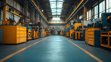 Poster - A spacious industrial workshop featuring machinery and tool storage for manufacturing tasks.