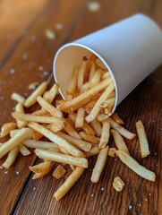Poster - Golden, crispy fries are spilling out of a white cup onto a rustic wooden surface, creating a casual dining vibe. Generative AI