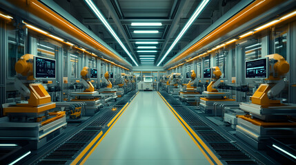 Poster - A futuristic industrial facility with robotic arms for automated manufacturing processes.