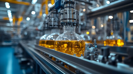 Poster - Industrial scene showing glass bottles filled with liquid on a production line.