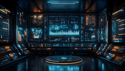 Poster - Futuristic control room with screens displaying data and analytics.