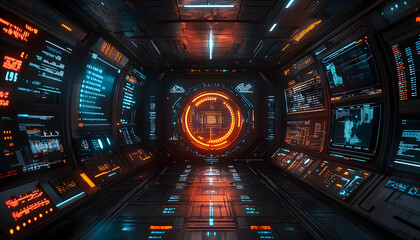 Poster - Futuristic corridor with glowing panels and a central circular feature.
