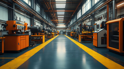 Poster - A spacious industrial workshop filled with machinery and tools for manufacturing processes.