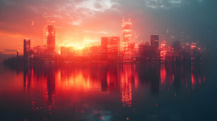 Sticker - A vibrant city skyline at sunset, reflecting in water with a digital overlay effect.