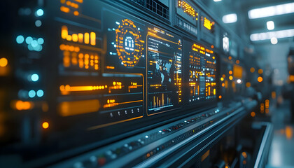 Poster - A futuristic control panel with glowing displays and data visualizations.