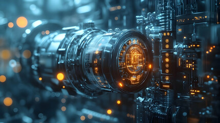 Poster - Futuristic machinery with glowing elements in a high-tech environment.