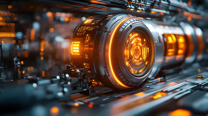 Poster - A futuristic mechanical component with glowing elements, suggesting advanced technology.