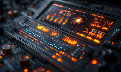 Poster - Futuristic control panel with glowing displays and data visualizations.