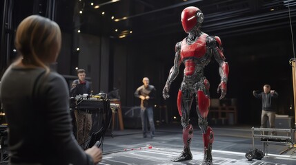 Poster - Futuristic Robot Encounter in High-Tech Workshop