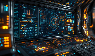 Poster - Futuristic control panel with glowing screens and data displays for monitoring and analysis.