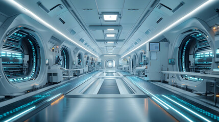 Poster - Futuristic corridor in a high-tech facility with sleek design and advanced technology.