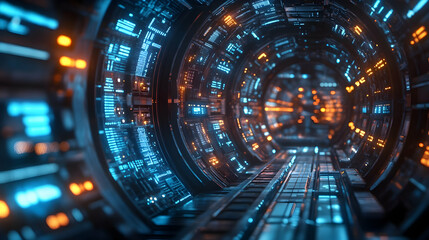 Poster - Futuristic tunnel with glowing blue and orange lights, suggesting advanced technology.