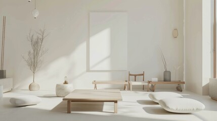 Sticker - A minimalist and serene living room design featuring a white canvas backdrop, Linear seating arrangement with a focus on horizontal lines, Minimalist zen style