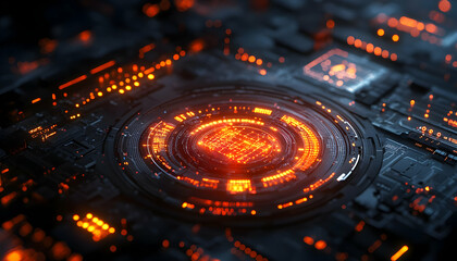 Poster - A close-up of a futuristic circuit board with glowing orange elements.